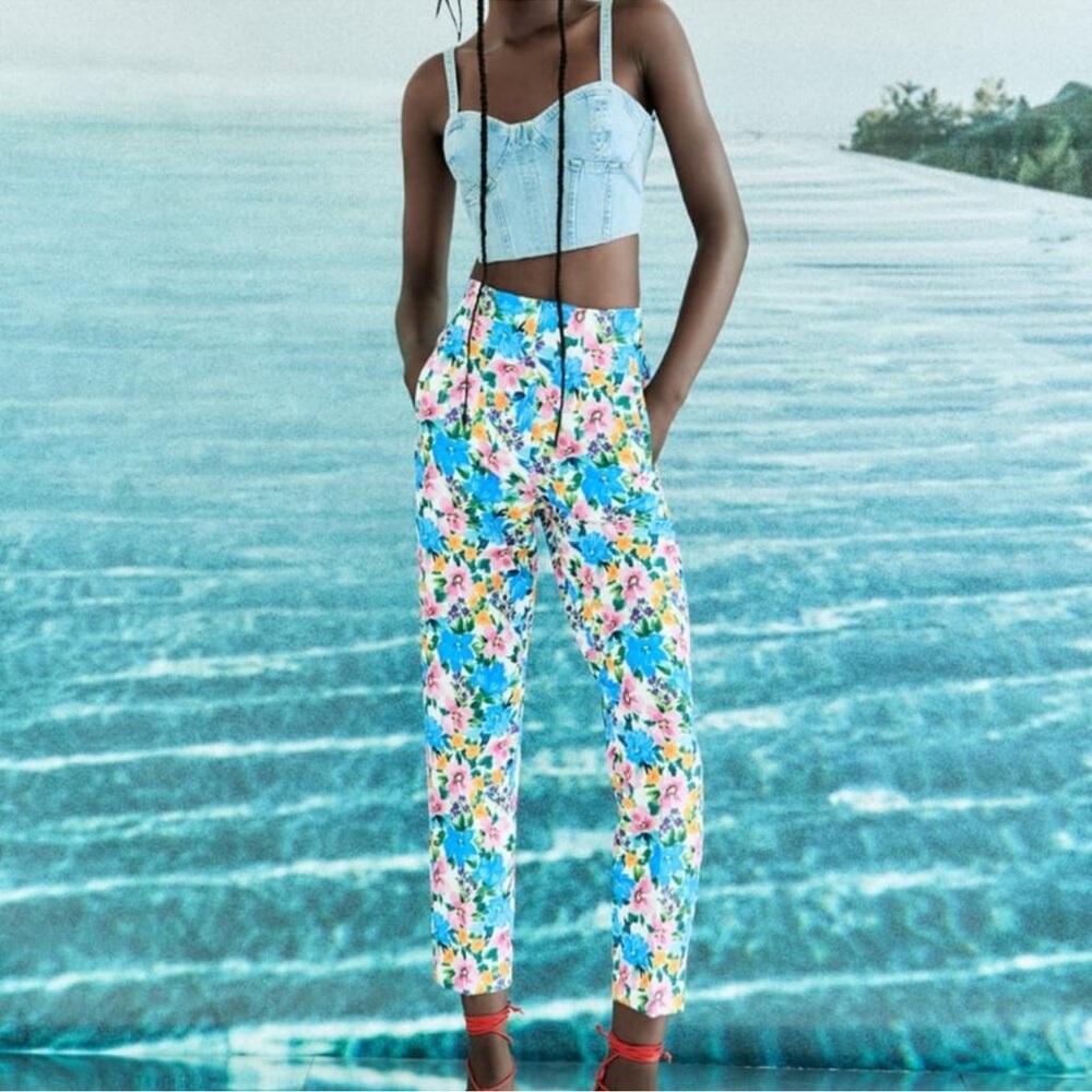 ZARA Tropical Blue Pink Floral High Waisted Retro Slim Crop Pants